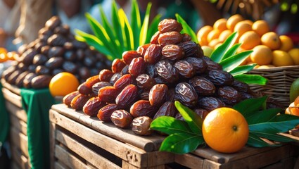 A selection of dates on display in a bustling spice market