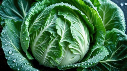 Obraz premium Close-up of a cabbage head adorned with shimmering droplets