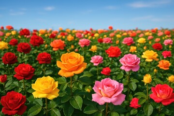 Obraz premium An array of brightly colored hybrid roses grown for commercial purposes in a garden
