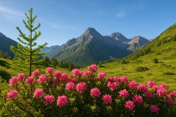 Fototapeta premium Morning in a lush mountain landscape in summer
