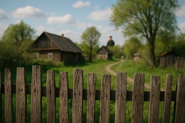 Naklejka premium Old-fashioned barrier in a small village setting, capturing a rural landscape with focus effect