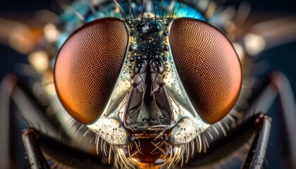 Stunning high-magnification portrait of a fly's head, revealing the intricate patterns and textures of its large compound eyes