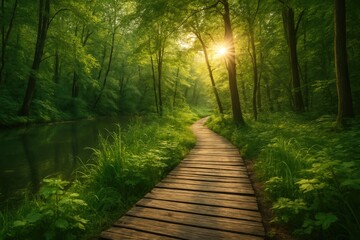 Obraz premium Winding Trail Surrounded by Verdant, Wild Forest with Sunbeams Illuminating the Forest Floor