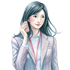 Professional asian woman in blazer talking on phone isolated on transparent background
