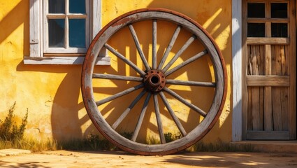 Antique wagon wheel propped against the exterior of a rural home
