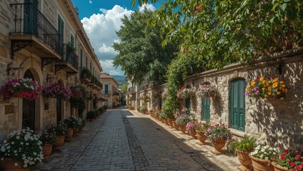Fototapeta premium Vintage street adorned with flowers and greenery under the sky