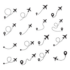 Travel concept Dotted path airplane Aircraft tracking. vector silhouette