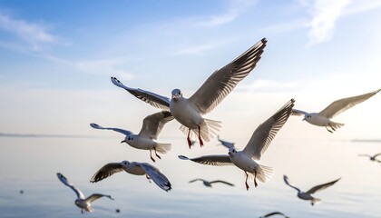 Flock of Seagulls Soaring Against a Bright Blue Sky Over Calm Water