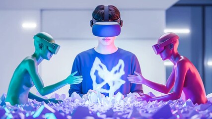 A person wearing a VR headset interacts with two avatars in a futuristic metaverse, collaborating in a world of glowing digital crystals - Powered by Adobe