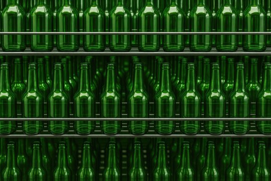 Metal rack holding multiple empty green glass bottles in a neat display
