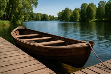 Obraz premium Antique wooden boat docked by the pier