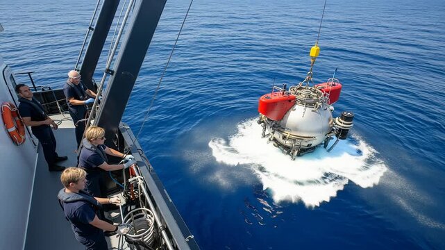 Bathyscaphe lowered into the ocean by crew members from a research vessel in deep-sea exploration