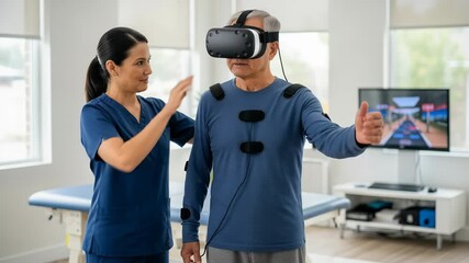 Physiotherapist supports elderly patient with virtual reality balance training and motion sensors in rehabilitation session - Powered by Adobe