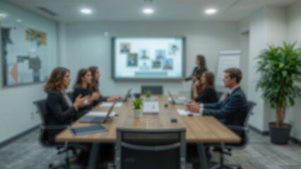 Enterprise seminar setting with a blurred boardroom and workspace designed for business collaboration