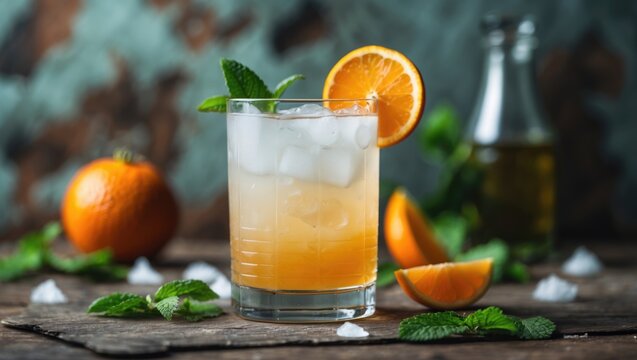 Classic cocktail set on a rustic surface featuring selective focus and a shallow depth of field