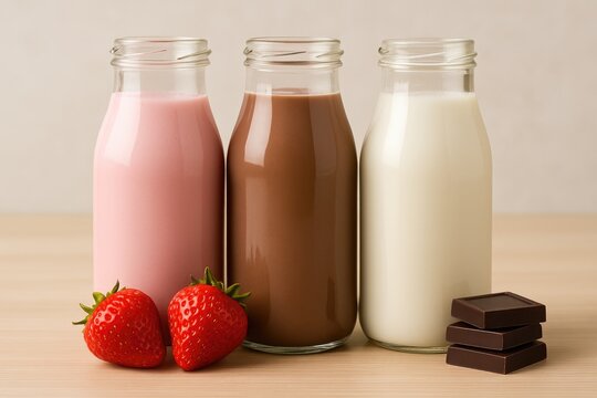 Close-up image of trio milk bottles showcasing strawberry, chocolate, and vanilla varieties with garnishes