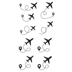 Travel concept Dotted path airplane Aircraft tracking. vector silhouette