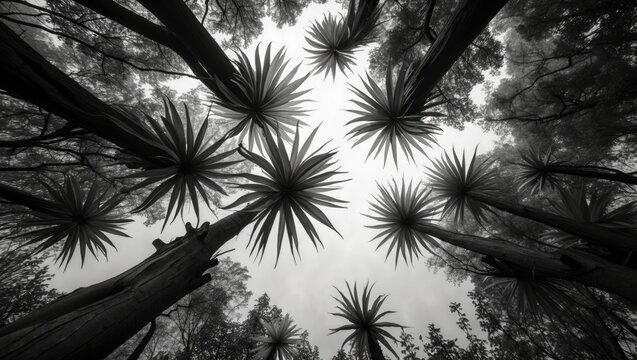 Black and white depiction of treetops in a forest