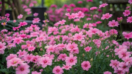 Naklejka premium Close-up of a lush garden blooming with pink blossoms