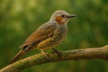 Branch-side view of a brown-eared bird