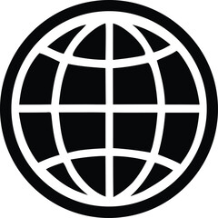 Stylized black and white graphic of a globe with a grid pattern representing global connectivity and international networks