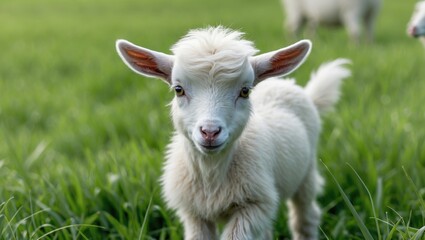 Obraz premium Cute fluffy young goat in a vibrant meadow