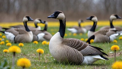 In a vibrant field filled with dandelions, a Canada goose lounges while other geese feed and look toward the camera
