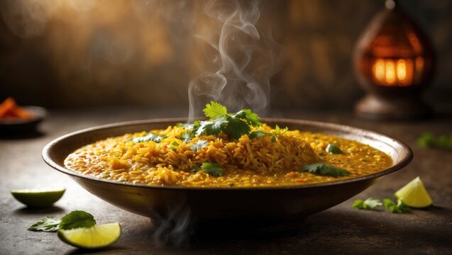 Cooked rice paired with flavorful split pigeon pea lentils in Indian style