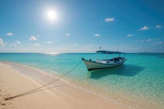 Tourist boat anchored near a scenic island paradise