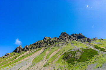 Rocky mountain peaks touching a deep blue sky in summer