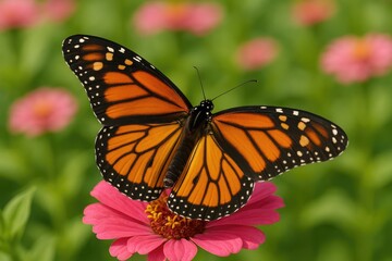 Fototapeta premium Colorful butterfly settled on a vibrant pink flower