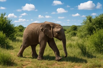 Obraz premium A tiny elephant calf strolls quietly in the jungle