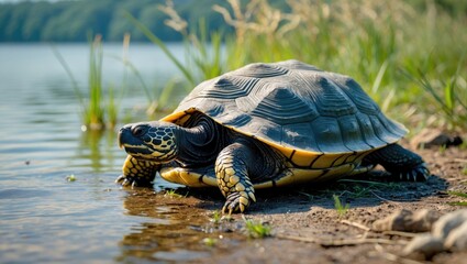 Obraz premium Mauremys caspica enjoying the sun by the water