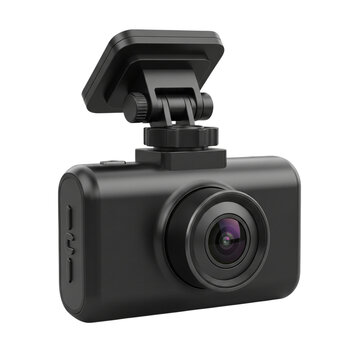 Black automotive dash camera with swivel mount isolated on transparent background