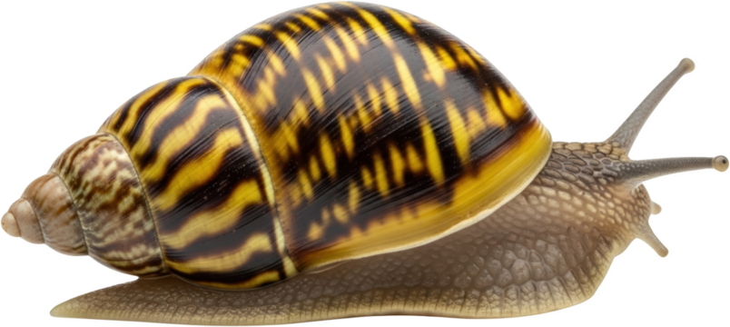 Detailed macro view of a garden snail with brown and yellow striped shell moving slowly mollusk gastropod transparent background