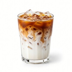 Iced coffee with milk and ice cubes in a glass The beverage is layered showcasing a blend of coffee and milk