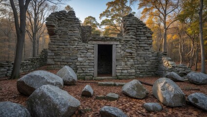 Fototapeta premium Forest setting featuring the remnants of a stone building with an entrance