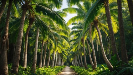 Naklejka premium Cluster of palm trees growing in a woodland setting
