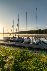 Sailboats in the marina on Lake Baldeneysee in Essen at sunrise. Vertical view