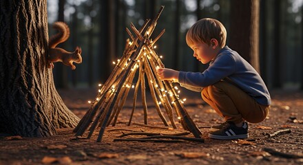 Young boy decorating a glowing stick fort with fairy lights in an enchanting forest, observed by a curious squirrel.