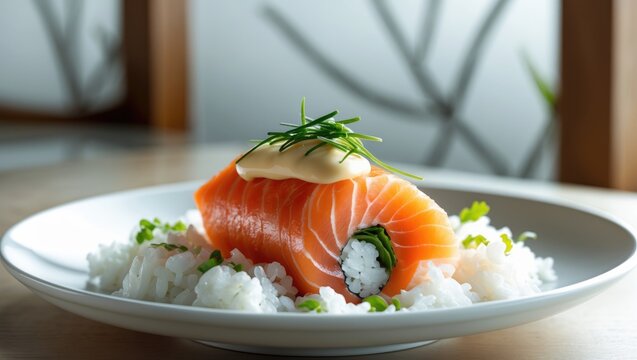 Salmon sushi with a mayonnaise cream filling