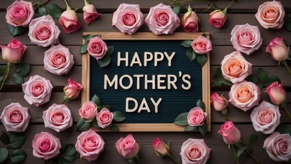 A floral arrangement featuring roses alongside a Mother's Day message