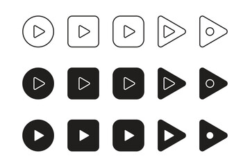 Play button icon set for video or audio player buttons, collection of flat vector icons. 