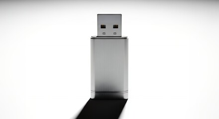 Metallic Silver USB Flash Drive Standing on a Bright White Background with Shadow