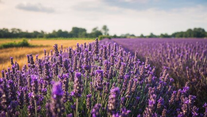 Lavender flowers arranged in neat farm rows