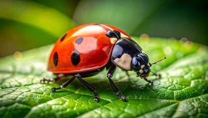 Close-up of a vibrant ladybug with distinct spots resting on a lush green leaf