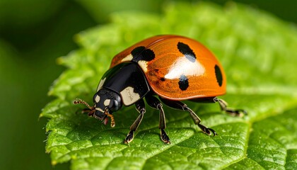 Obraz premium Detailed macro photograph of a vibrant red ladybug with black spots perched on a fresh green leaf in a natural garden setting