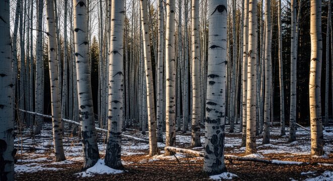 A dense grove of tall, pale-barked trees.  Sunlight filters through the canopy, casting shadows on the forest floor. Snow covers the ground
