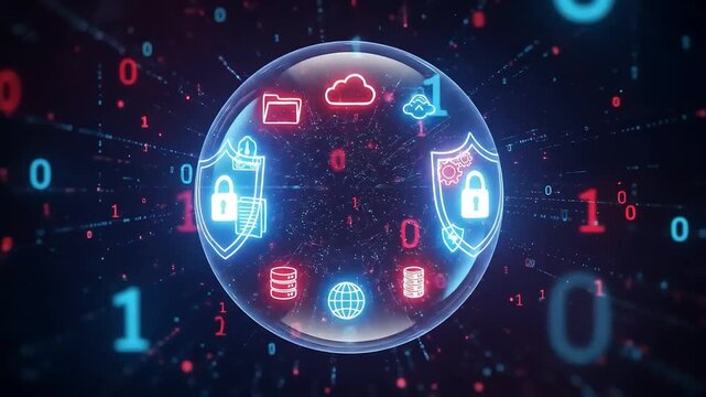 Cybersecurity Fortress A mesmerizing display of digital security with an illuminated sphere encompassing data protection elements A visual representation of safety in cyberspace