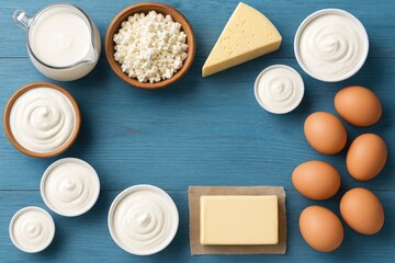 A variety of dairy products arranged on a blue wooden background featuring milk, sour cream, cottage cheese, cheese, cream, yogurt, eggs, and butter seen from above with room for copy